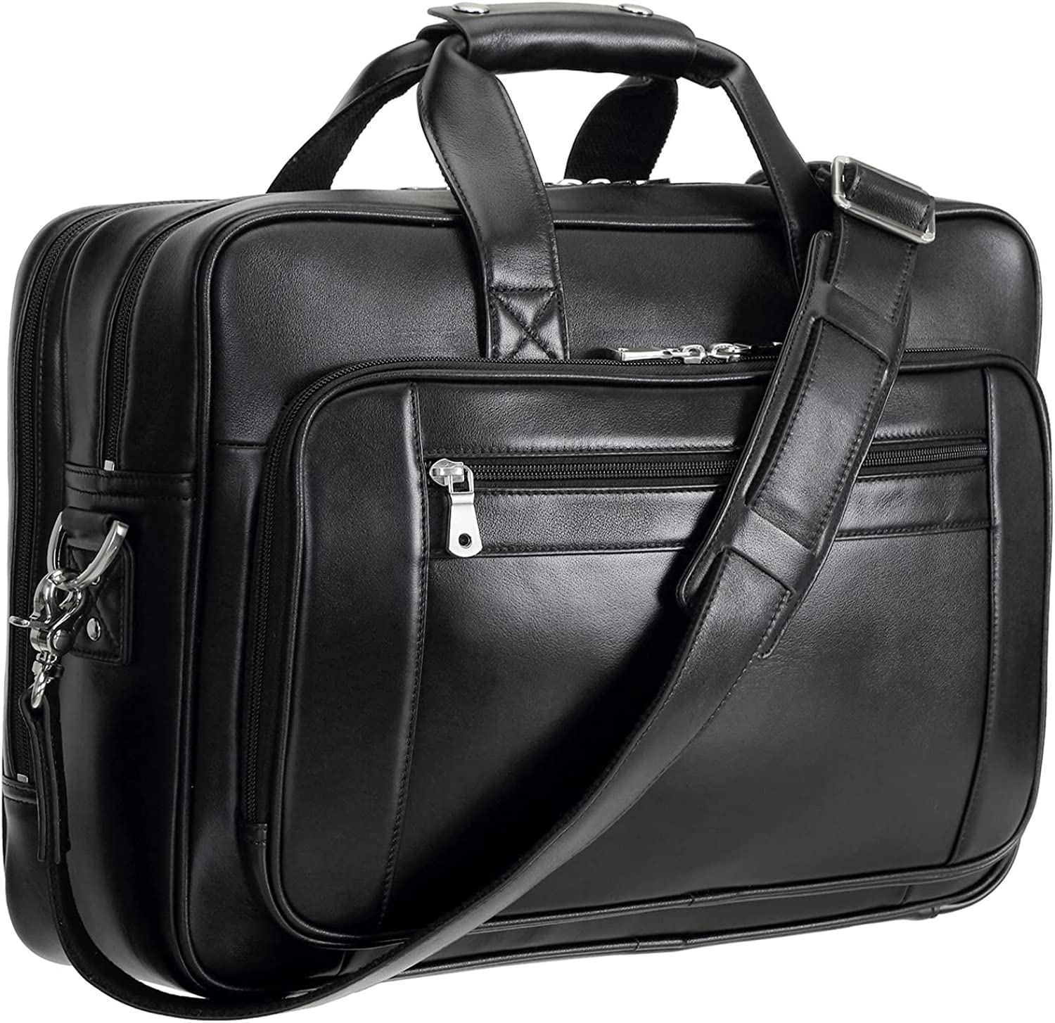230527204723820_1 Compalo Men's Solid Thick Full Grain Leather 17.3" Laptop Briefcase Classic Messenger Bag Fit Business Travel - Image 1